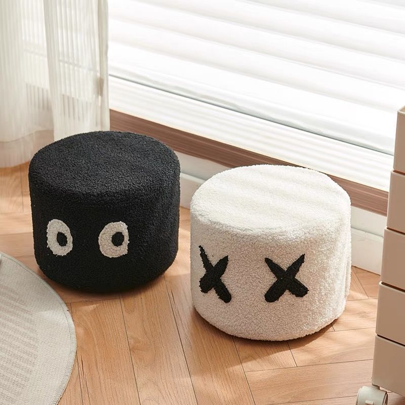 Contemporary Creative Kids Round Lamb Fleece Solid Wood Multi-layer Board Removable Washable Low Stool Backless Armless For Entryways Cuvalon