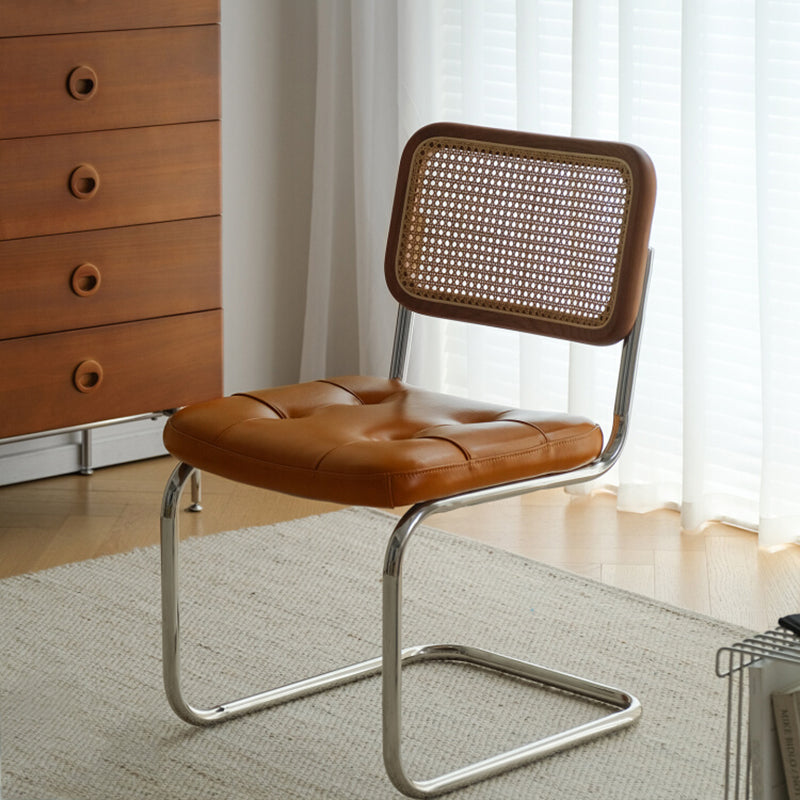 Traditional Vintage Arc Stainless Steel Leather Sponge Plastic Rattan Weaving Dining Chair Backrest Armless For Dining Room Cuvalon