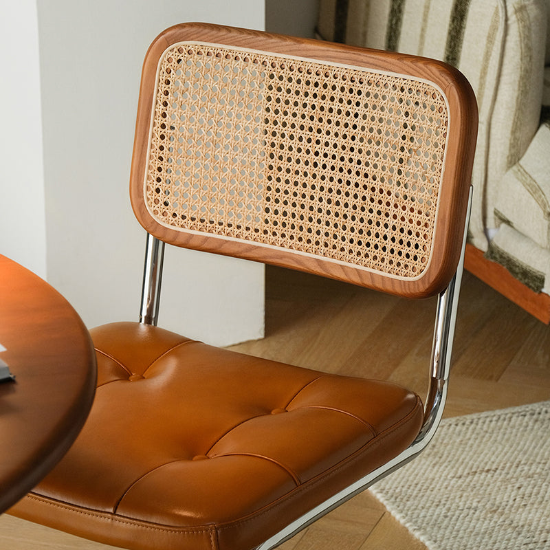 Traditional Vintage Arc Stainless Steel Leather Sponge Plastic Rattan Weaving Dining Chair Backrest Armless For Dining Room Cuvalon