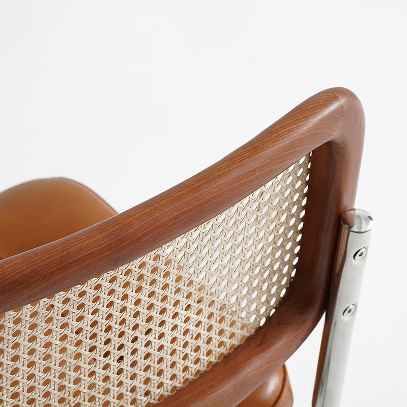 Traditional Vintage Arc Stainless Steel Leather Sponge Plastic Rattan Weaving Dining Chair Backrest Armless For Dining Room Cuvalon