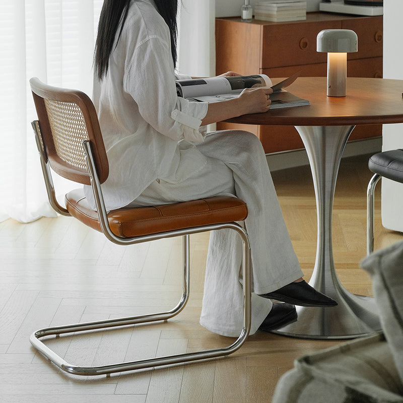 Traditional Vintage Arc Stainless Steel Leather Sponge Plastic Rattan Weaving Dining Chair Backrest Armless For Dining Room Cuvalon