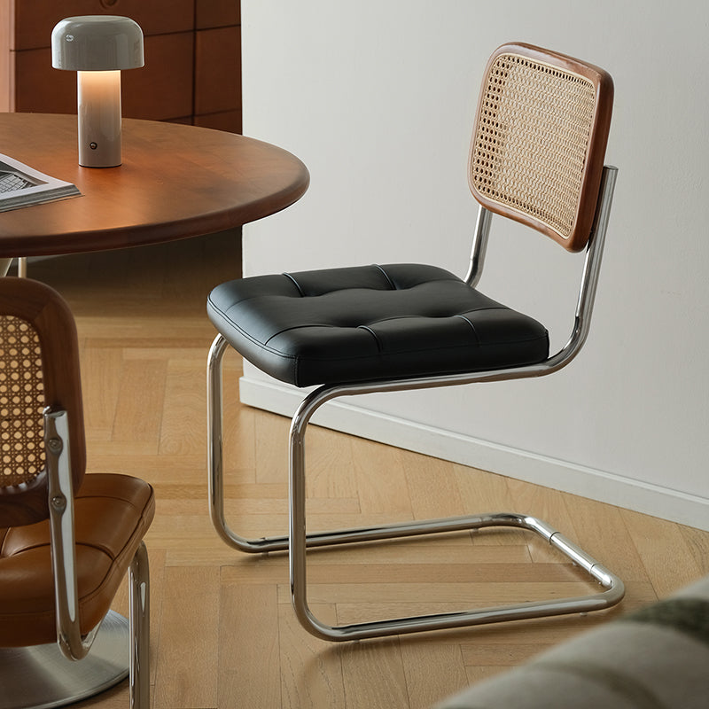 Traditional Vintage Arc Stainless Steel Leather Sponge Plastic Rattan Weaving Dining Chair Backrest Armless For Dining Room Cuvalon
