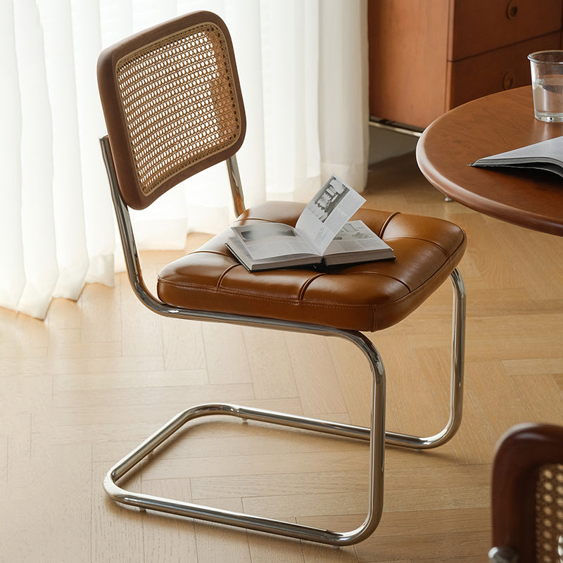 Traditional Vintage Arc Stainless Steel Leather Sponge Plastic Rattan Weaving Dining Chair Backrest Armless For Dining Room Cuvalon