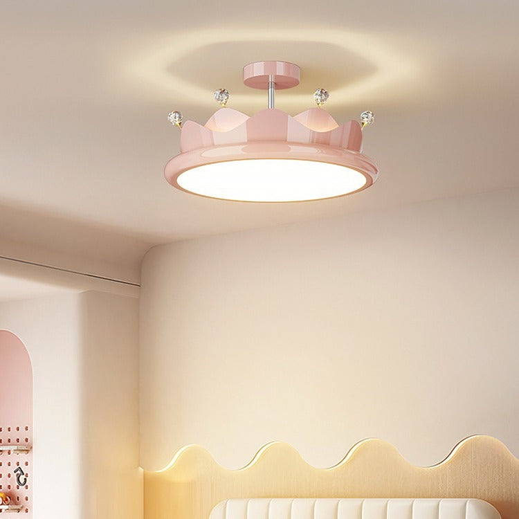 Contemporary Creative Iron Crystal PE Round Crown LED Semi-Flush Mount Ceiling Light For Bedroom Cuvalon