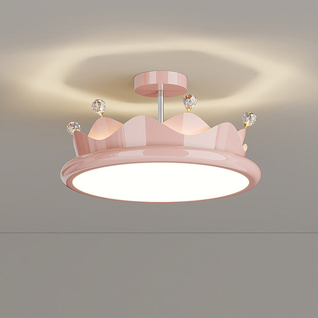 Contemporary Creative Iron Crystal PE Round Crown LED Semi-Flush Mount Ceiling Light For Bedroom Cuvalon