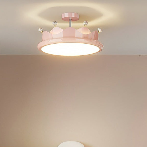 Contemporary Creative Iron Crystal PE Round Crown LED Semi-Flush Mount Ceiling Light For Bedroom Cuvalon