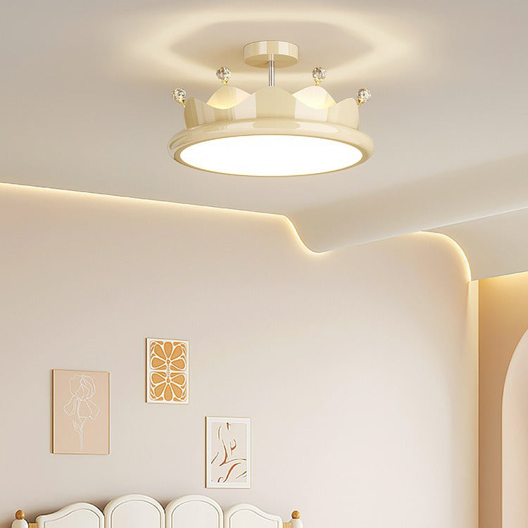 Contemporary Creative Iron Crystal PE Round Crown LED Semi-Flush Mount Ceiling Light For Bedroom Cuvalon