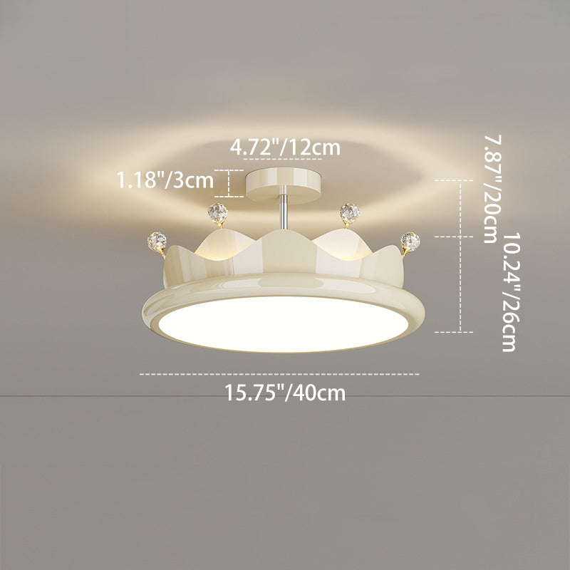 Contemporary Creative Iron Crystal PE Round Crown LED Semi-Flush Mount Ceiling Light For Bedroom Cuvalon