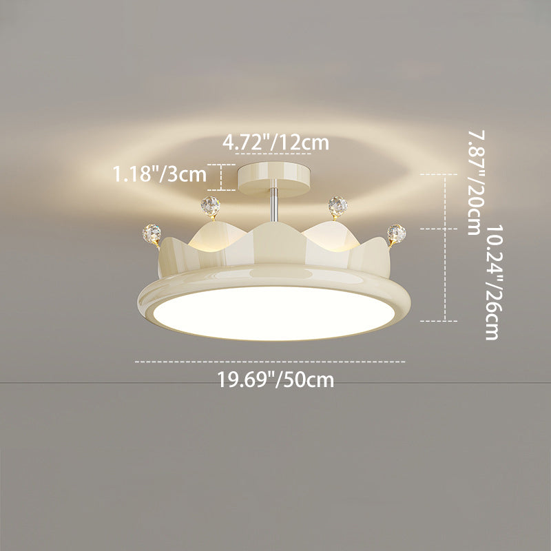 Contemporary Creative Iron Crystal PE Round Crown LED Semi-Flush Mount Ceiling Light For Bedroom Cuvalon