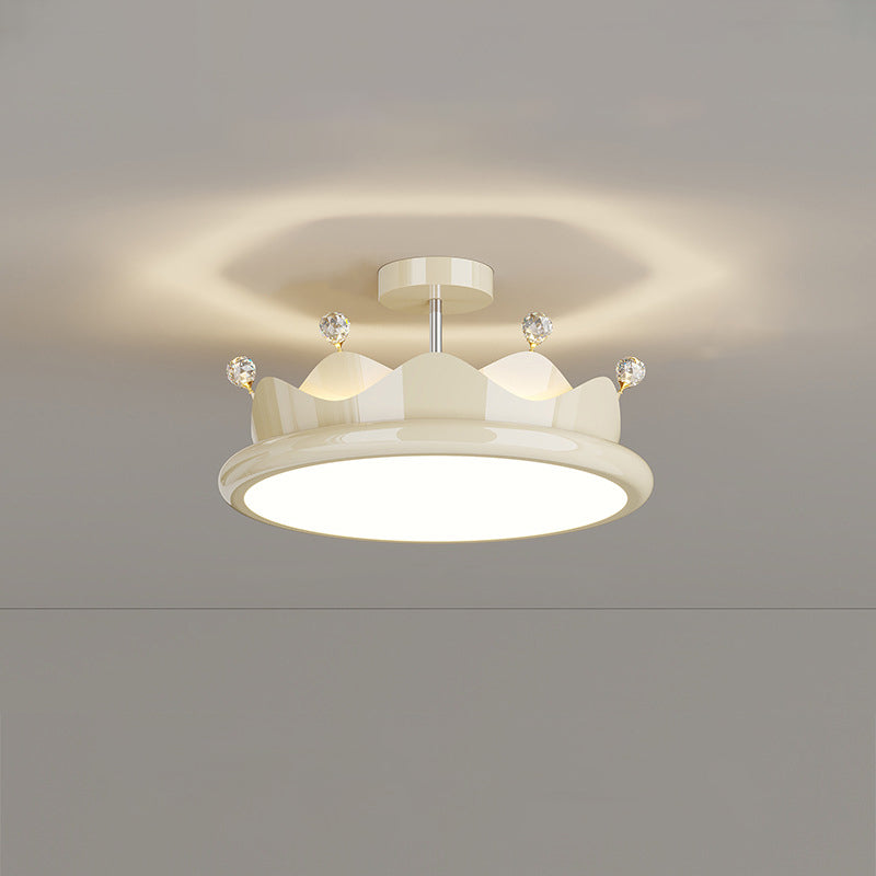 Contemporary Creative Iron Crystal PE Round Crown LED Semi-Flush Mount Ceiling Light For Bedroom Cuvalon
