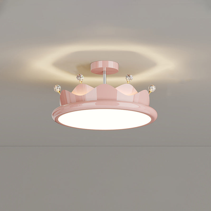 Contemporary Creative Iron Crystal PE Round Crown LED Semi-Flush Mount Ceiling Light For Bedroom Cuvalon