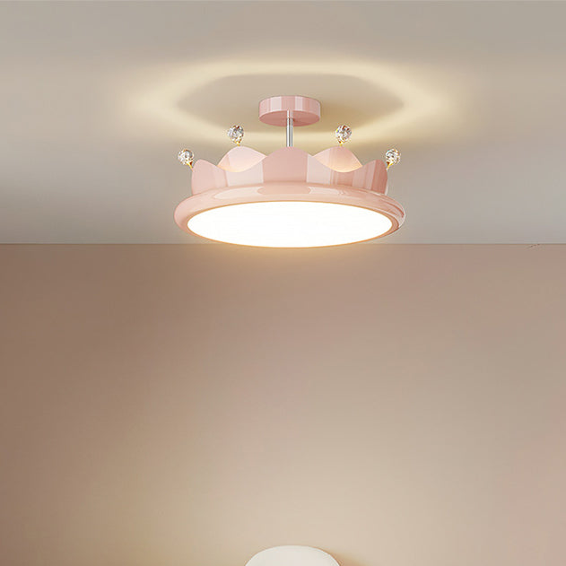 Contemporary Creative Iron Crystal PE Round Crown LED Semi-Flush Mount Ceiling Light For Bedroom Cuvalon