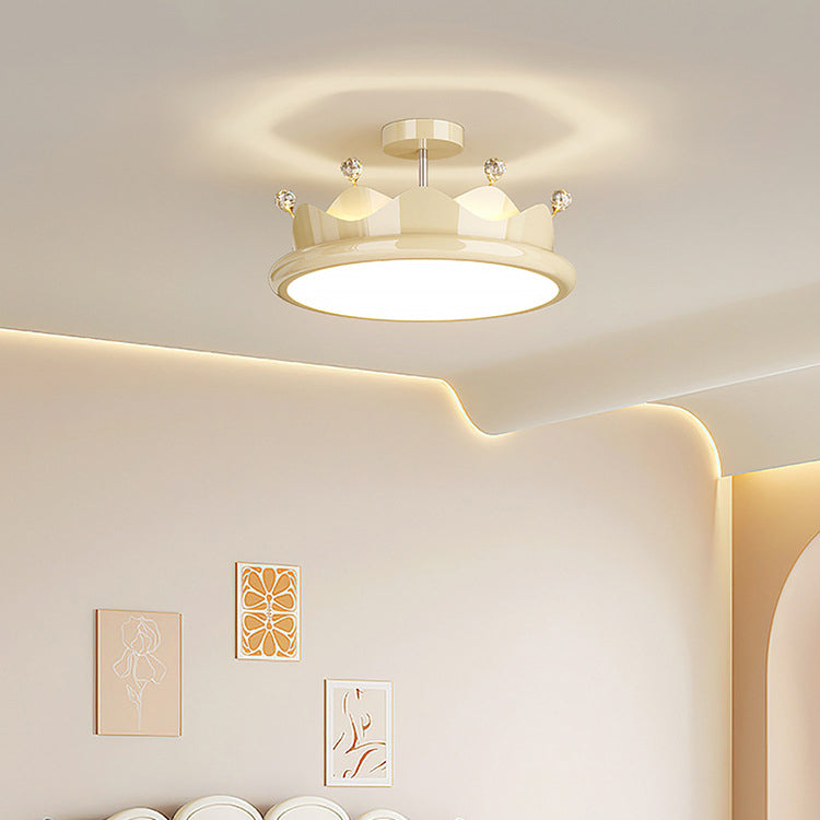 Contemporary Creative Iron Crystal PE Round Crown LED Semi-Flush Mount Ceiling Light For Bedroom Cuvalon