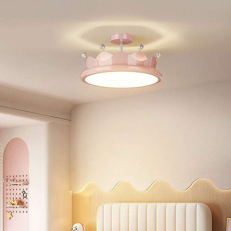 Contemporary Creative Iron Crystal PE Round Crown LED Semi-Flush Mount Ceiling Light For Bedroom Cuvalon