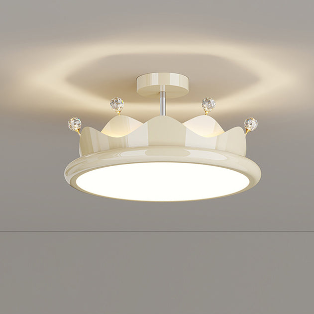 Contemporary Creative Iron Crystal PE Round Crown LED Semi-Flush Mount Ceiling Light For Bedroom Cuvalon