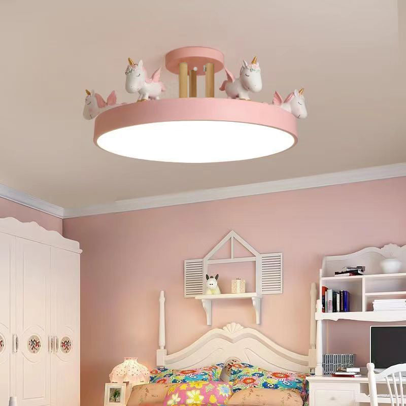Contemporary Creative Resin Iron Acrylic Wood Unicorn Round LED Semi-Flush Mount Ceiling Light For Bedroom Cuvalon