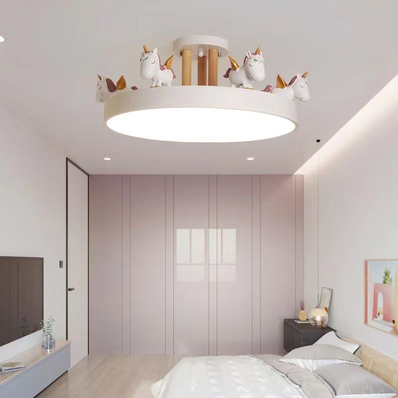 Contemporary Creative Resin Iron Acrylic Wood Unicorn Round LED Semi-Flush Mount Ceiling Light For Bedroom Cuvalon