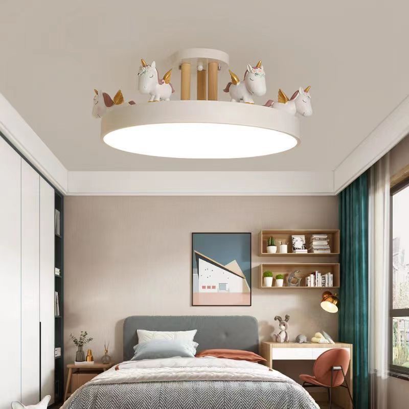 Contemporary Creative Resin Iron Acrylic Wood Unicorn Round LED Semi-Flush Mount Ceiling Light For Bedroom Cuvalon