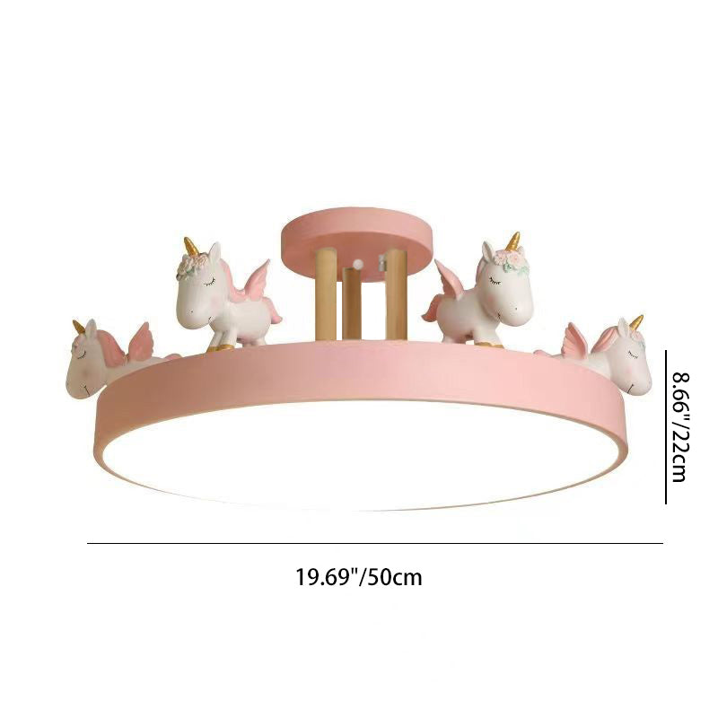 Contemporary Creative Resin Iron Acrylic Wood Unicorn Round LED Semi-Flush Mount Ceiling Light For Bedroom Cuvalon