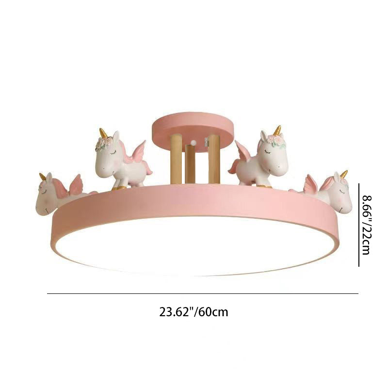 Contemporary Creative Resin Iron Acrylic Wood Unicorn Round LED Semi-Flush Mount Ceiling Light For Bedroom Cuvalon