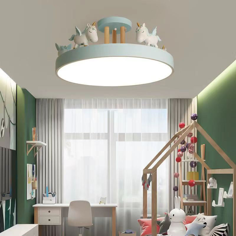 Contemporary Creative Resin Iron Acrylic Wood Unicorn Round LED Semi-Flush Mount Ceiling Light For Bedroom Cuvalon