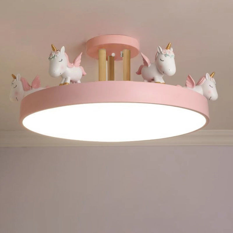 Contemporary Creative Resin Iron Acrylic Wood Unicorn Round LED Semi-Flush Mount Ceiling Light For Bedroom Cuvalon