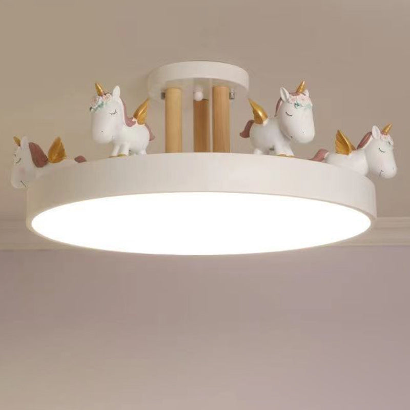Contemporary Creative Resin Iron Acrylic Wood Unicorn Round LED Semi-Flush Mount Ceiling Light For Bedroom Cuvalon