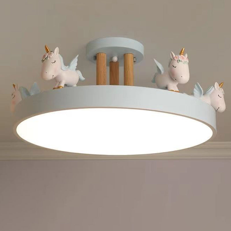 Contemporary Creative Resin Iron Acrylic Wood Unicorn Round LED Semi-Flush Mount Ceiling Light For Bedroom Cuvalon