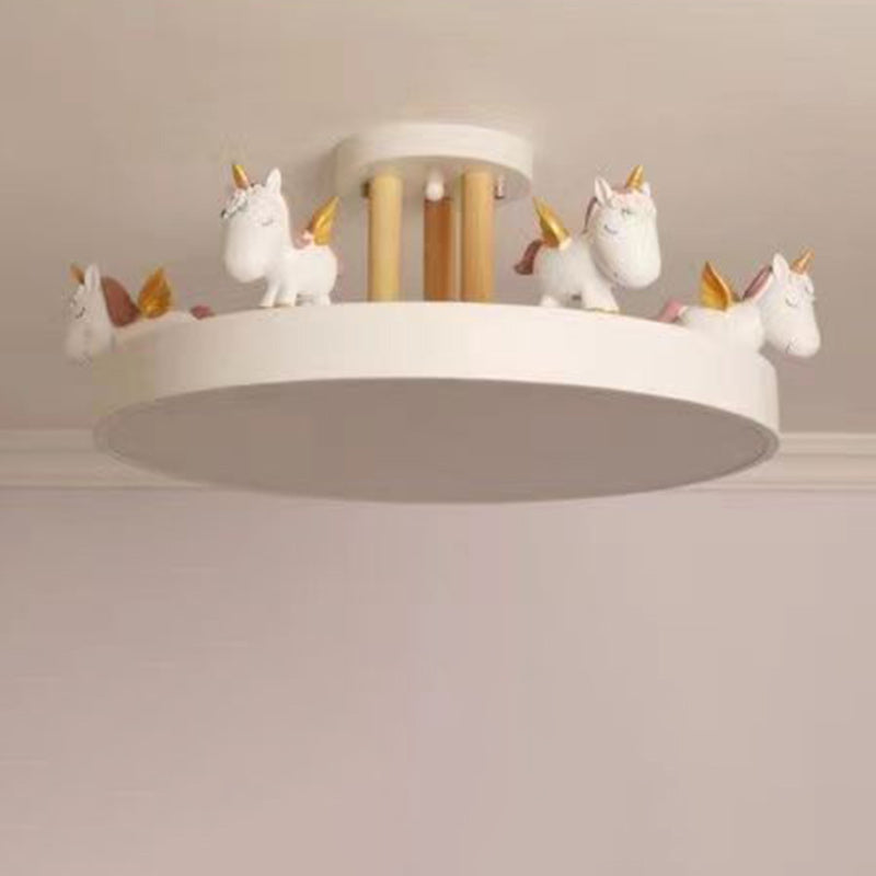 Contemporary Creative Resin Iron Acrylic Wood Unicorn Round LED Semi-Flush Mount Ceiling Light For Bedroom Cuvalon