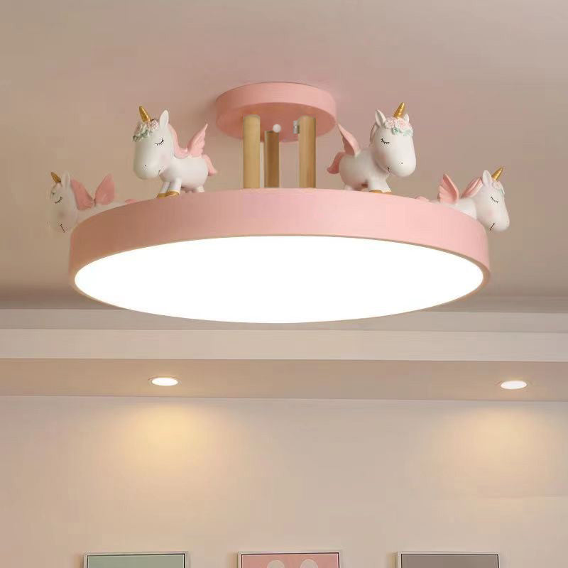 Contemporary Creative Resin Iron Acrylic Wood Unicorn Round LED Semi-Flush Mount Ceiling Light For Bedroom Cuvalon