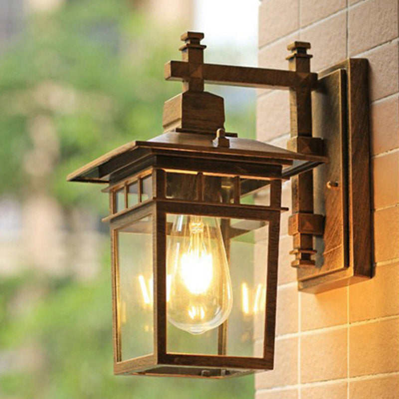 Traditional Rustic Cast Aluminum, Iron & Glass Rectangular 1-Light Wall Sconce Lamp For Outdoor Garden & Patio Cuvalon