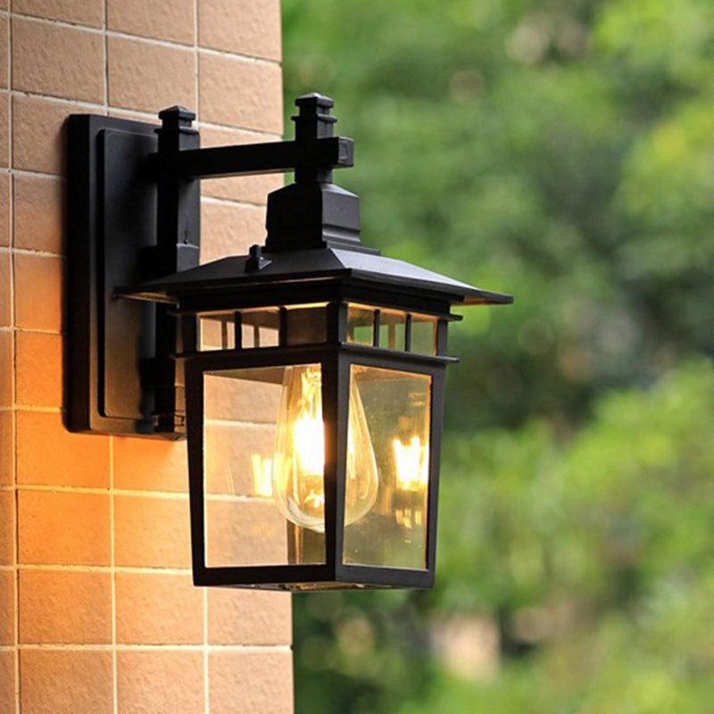 Traditional Rustic Cast Aluminum, Iron & Glass Rectangular 1-Light Wall Sconce Lamp For Outdoor Garden & Patio Cuvalon