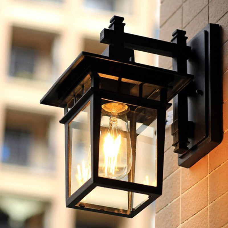 Traditional Rustic Cast Aluminum, Iron & Glass Rectangular 1-Light Wall Sconce Lamp For Outdoor Garden & Patio Cuvalon
