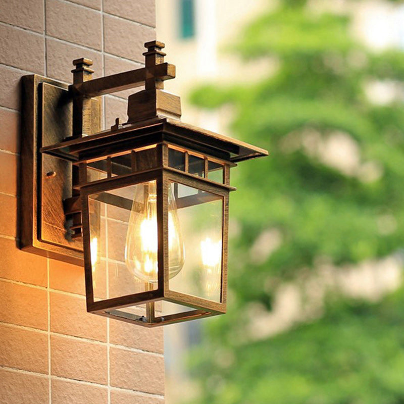 Traditional Rustic Cast Aluminum, Iron & Glass Rectangular 1-Light Wall Sconce Lamp For Outdoor Garden & Patio Cuvalon