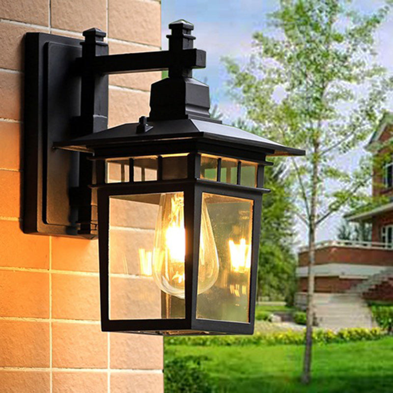 Traditional Rustic Cast Aluminum, Iron & Glass Rectangular 1-Light Wall Sconce Lamp For Outdoor Garden & Patio Cuvalon