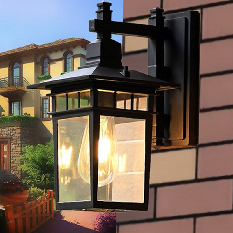 Traditional Rustic Cast Aluminum, Iron & Glass Rectangular 1-Light Wall Sconce Lamp For Outdoor Garden & Patio Cuvalon