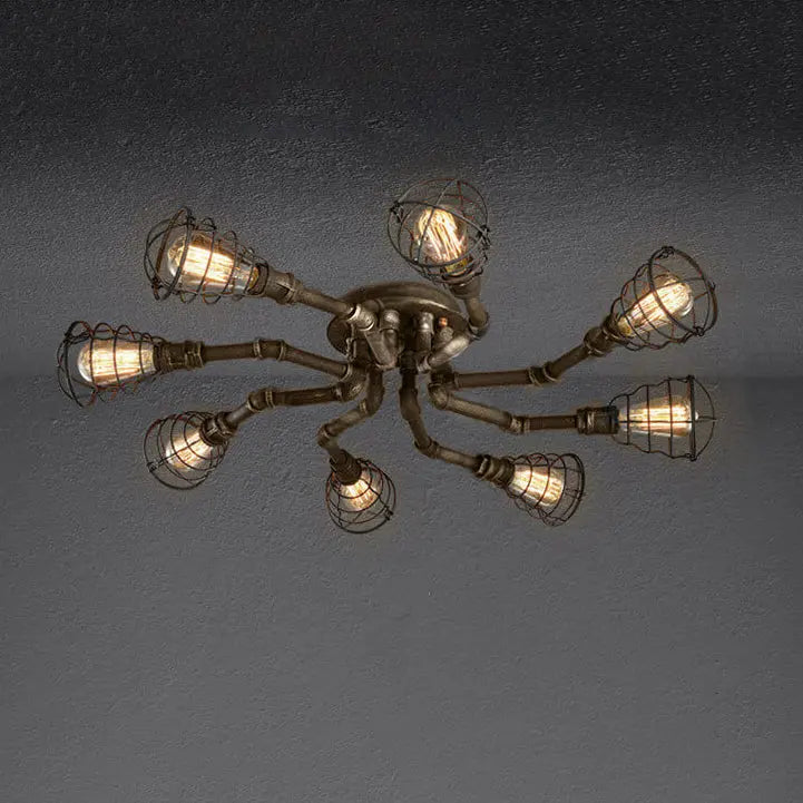 Industrial Vintage Water Pipe Round Iron 4/6/8 Light Flush Mount Ceiling Light Cuvalon