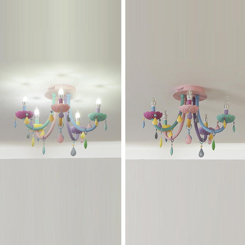 Contemporary Creative Flower Candle-Shaped Kid Iron Crystal Glass 5-Light Flush Mount Ceiling Light For Bedroom Cuvalon