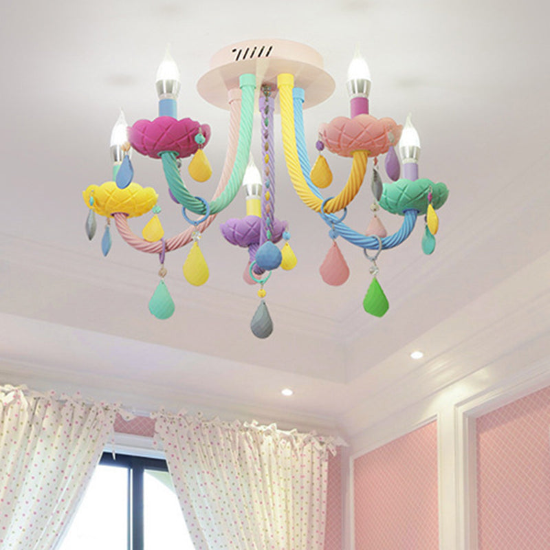 Contemporary Creative Flower Candle-Shaped Kid Iron Crystal Glass 5-Light Flush Mount Ceiling Light For Bedroom Cuvalon