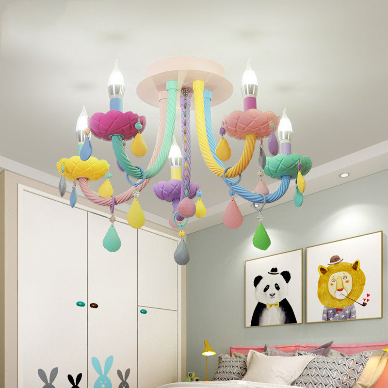 Contemporary Creative Flower Candle-Shaped Kid Iron Crystal Glass 5-Light Flush Mount Ceiling Light For Bedroom Cuvalon