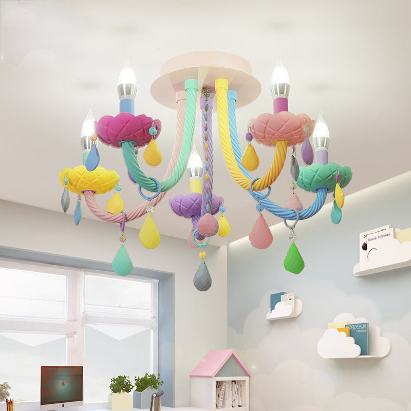 Contemporary Creative Flower Candle-Shaped Kid Iron Crystal Glass 5-Light Flush Mount Ceiling Light For Bedroom Cuvalon