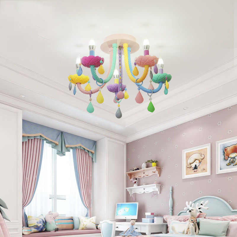 Contemporary Creative Flower Candle-Shaped Kid Iron Crystal Glass 5-Light Flush Mount Ceiling Light For Bedroom Cuvalon