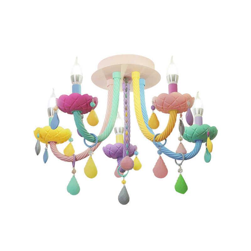 Contemporary Creative Flower Candle-Shaped Kid Iron Crystal Glass 5-Light Flush Mount Ceiling Light For Bedroom Cuvalon
