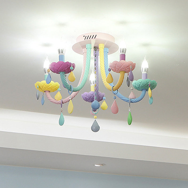 Contemporary Creative Flower Candle-Shaped Kid Iron Crystal Glass 5-Light Flush Mount Ceiling Light For Bedroom Cuvalon