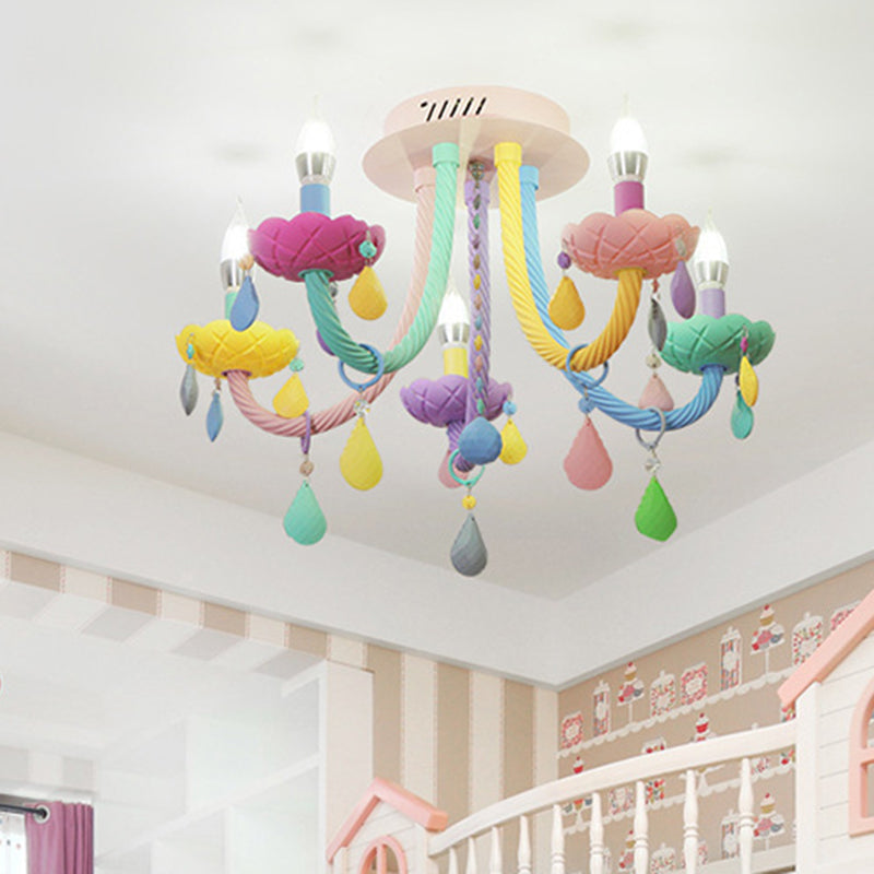 Contemporary Creative Flower Candle-Shaped Kid Iron Crystal Glass 5-Light Flush Mount Ceiling Light For Bedroom Cuvalon