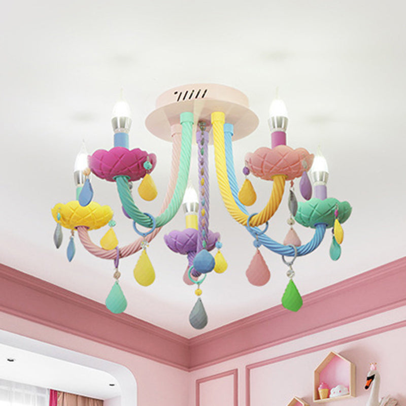 Contemporary Creative Flower Candle-Shaped Kid Iron Crystal Glass 5-Light Flush Mount Ceiling Light For Bedroom Cuvalon