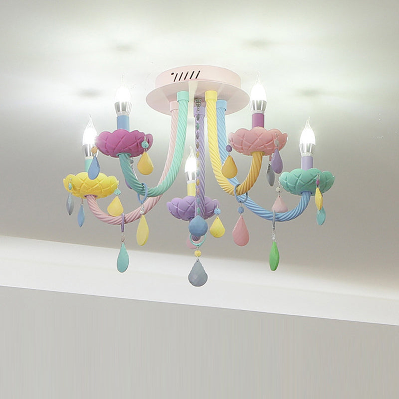 Contemporary Creative Flower Candle-Shaped Kid Iron Crystal Glass 5-Light Flush Mount Ceiling Light For Bedroom Cuvalon