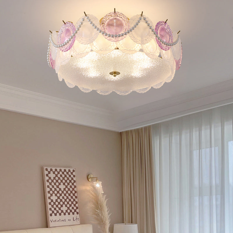 Contemporary Creative Kids Round Piece Pearl Hardware Glass 5/8 Light Semi-Flush Mount Ceiling Light For Bedroom Cuvalon