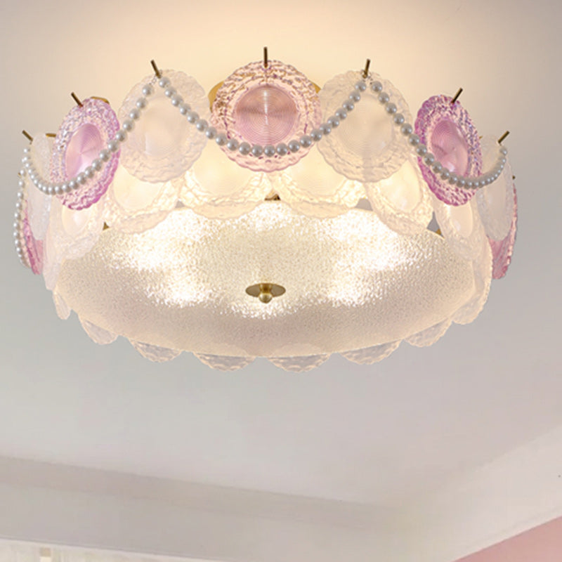 Contemporary Creative Kids Round Piece Pearl Hardware Glass 5/8 Light Semi-Flush Mount Ceiling Light For Bedroom Cuvalon