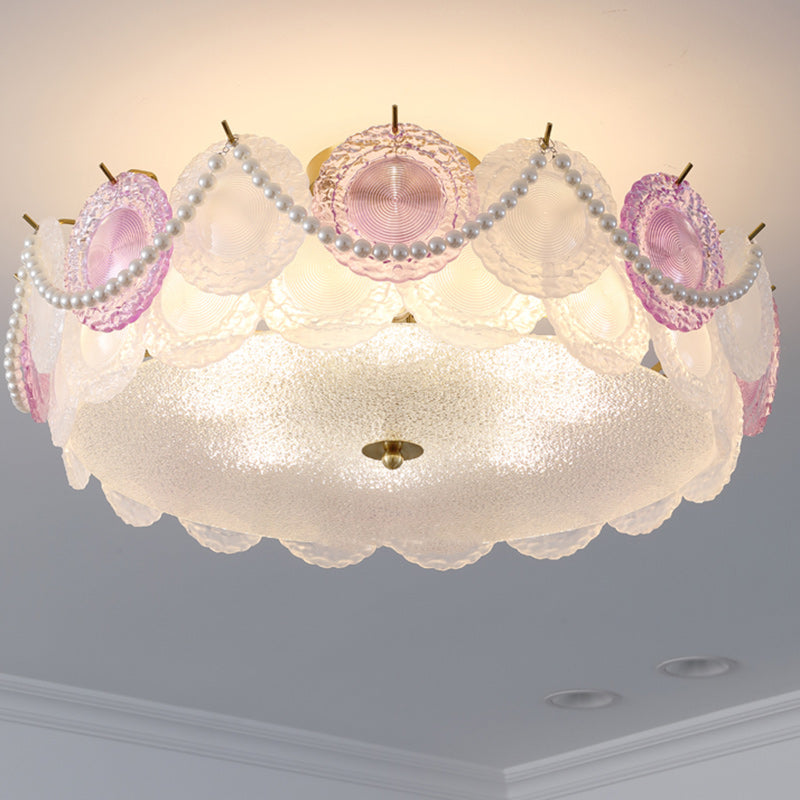 Contemporary Creative Kids Round Piece Pearl Hardware Glass 5/8 Light Semi-Flush Mount Ceiling Light For Bedroom Cuvalon